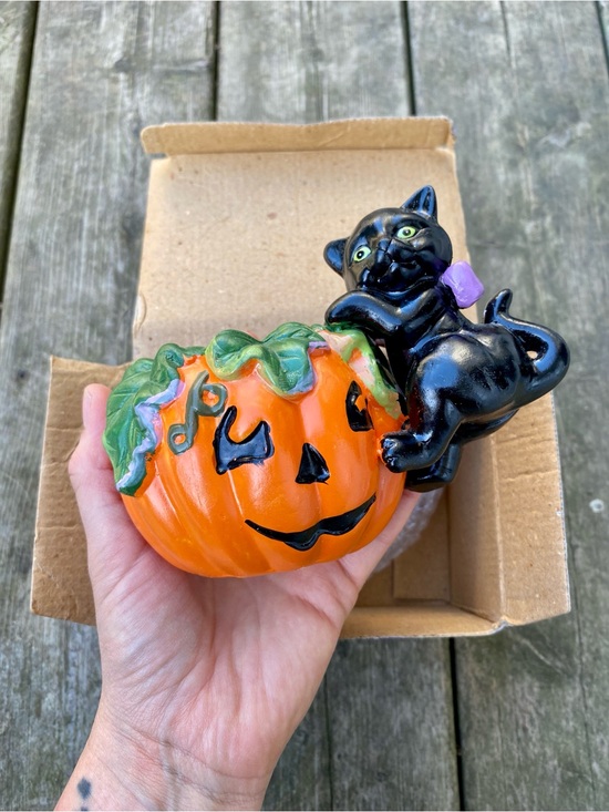 Other - Vintage Halloween Ceramic Pumpkin Black Cat Candle